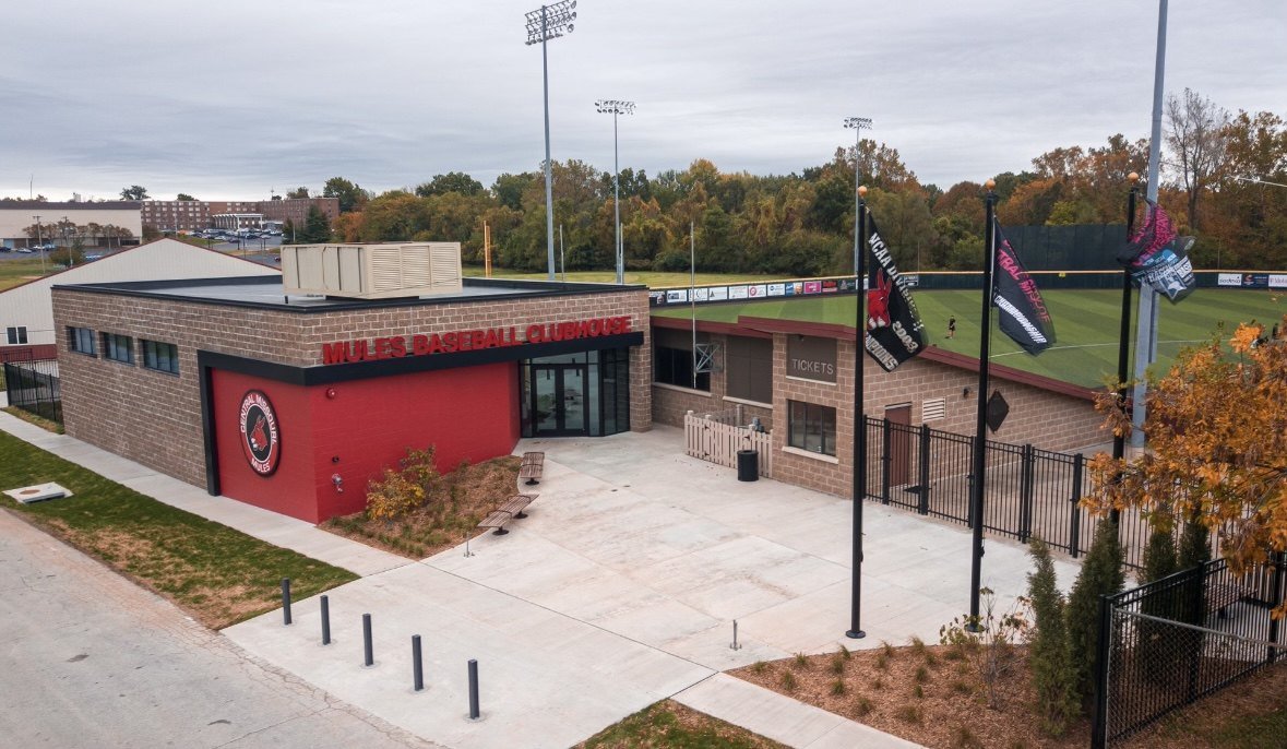 Outside the Mules Baseball Clubhouse beside Crane Stadium