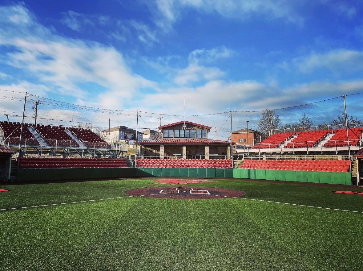 The grandstand and press box at Crane Stadium from home plate